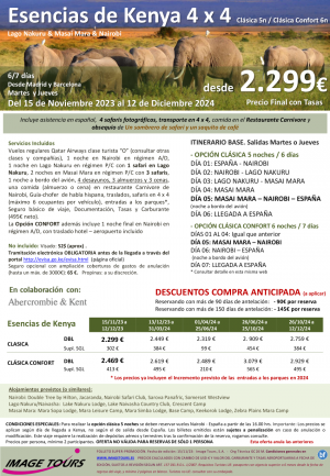 Esencias de KENYA 2024. Safaris en 4 x 4 y P/C. L Nakuru - Masai Mara - Nairobi, en espaol. Desde 2.299 € 