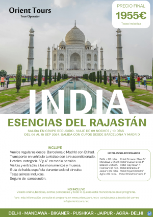 INDIA. Viaje de 09 noches en grupo reducido. Salida del 06 al 15 de SEP con cupos desde Bcn y Mad.