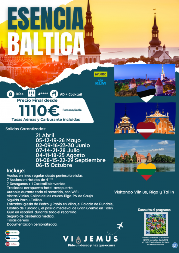 Conoce la auténtica Esencia Báltica, visitando Vilnius, Riga y Tallín. De Abril a Octubre. Salidas garantizadas