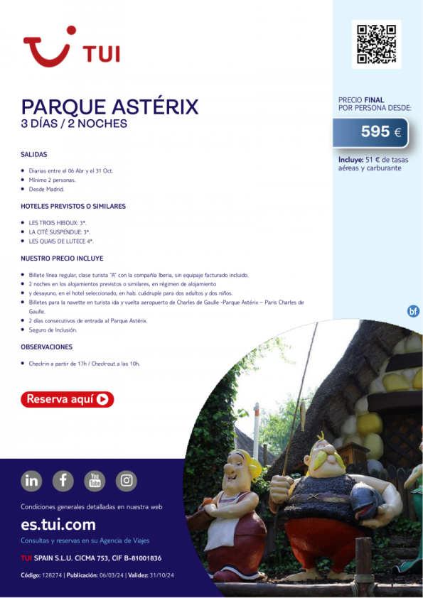 Parque Astérix. 3 d / 2 n. Salidas diarias entre el 06 ABR y el 31 OCT desde MAD desde 595 € 