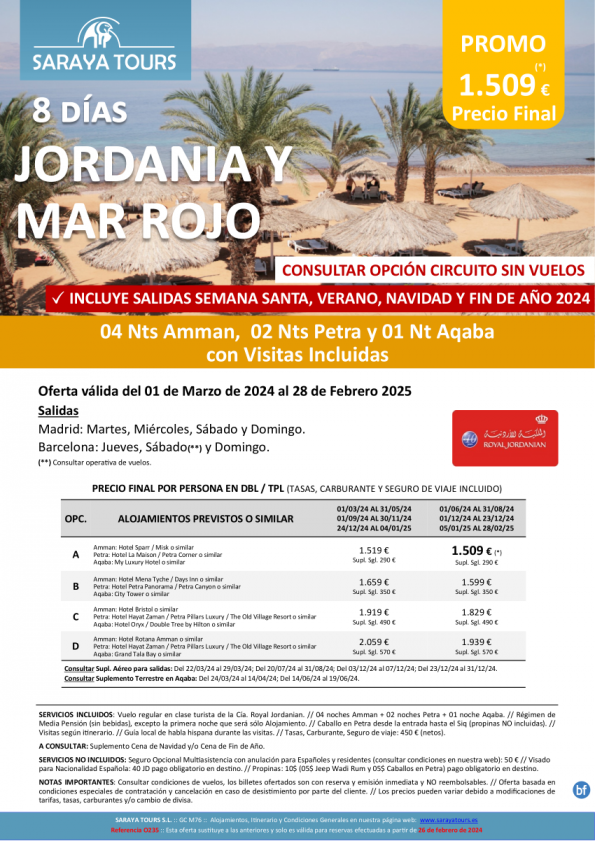 Promo! Jordania y Mar Rojo 8 días: Amman, Petra y Aqaba con Visitas Incluidas hasta Febrero 2025