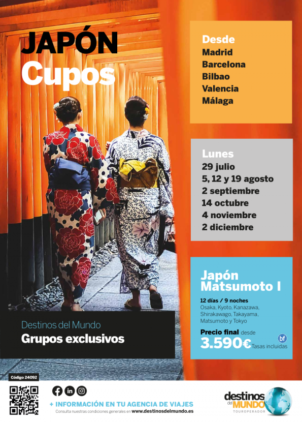 **Cupos**Japón Matsumoto ¡Grupos exclusivos! Mad,Bio,Bcn,Vlc y Agp - De julio a diciembre 12d/9n desde 3.590 € 