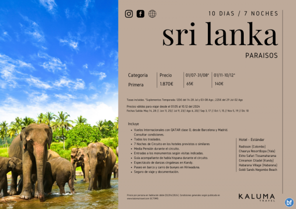 Paraísos de Sri Lanka 10 Días / 7 Noches - Salidas Garantizadas hasta Diciembre desde 1.870 € 