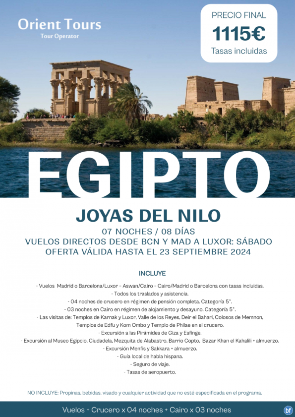 EGIPTO. Viaje de 07 noches en PC. Salidas cada sábado desde Mad y Bcn. Visitas incluidas en grupo reducido.