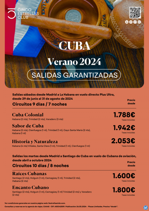 Cuba dsd 1.600 € Raices Cubanas sal. dsd Mad -Santiago Cuba.Vta Antic. dto 4% reservar hasta el 15 abril-cupos-