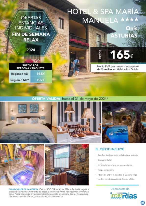 Fin de Semana Relax Hotel & Spa María Manuela 4* (Onís - Asturias).- Hoteles para Individuales