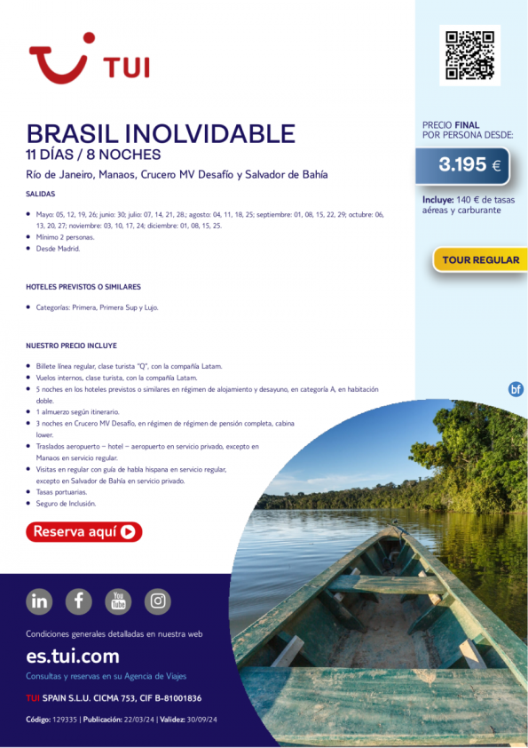 Brasil Inolvidable. 11 d / 8 n. Tour Regular. Salidas entre mayo y diciembre desde MAD desde 3.195 € 