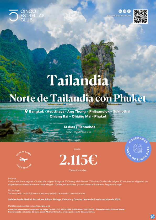 Tailandia dsd 2.115 € Norte de Tailandia con Phuket dsd Mad,Bcn, Bio, Agp, Vlc y Opo en línea regular