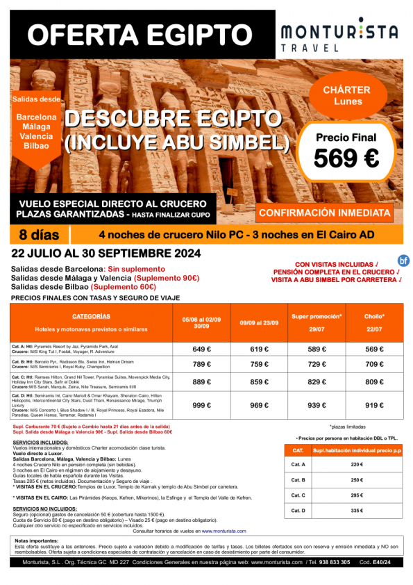 Descubre Egipto (Incluye Abu Simbel)***desde 569 € salida Bcn, Agp, Vlc , Bio lunes 4n crucero PC, 3n Cairo AD