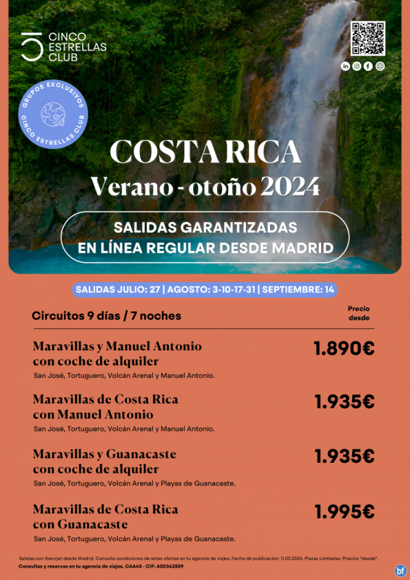 Costa Rica desde 1.935 € Maravillas de Costa Rica y Manuel Antonio 9d/7n desde Mad. Lín. reg. Plazas garantiz.