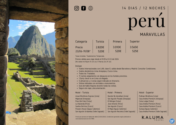 Maravillas del Perú 12 noches con **Early Check-in garantizado y Plus Novios*hasta Diciembre desde 2.820 € 