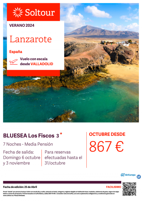 Lanzarote - Bluesea Los Fiscos 3*. Salidas 6/10 y 03/11 desde Valladolid