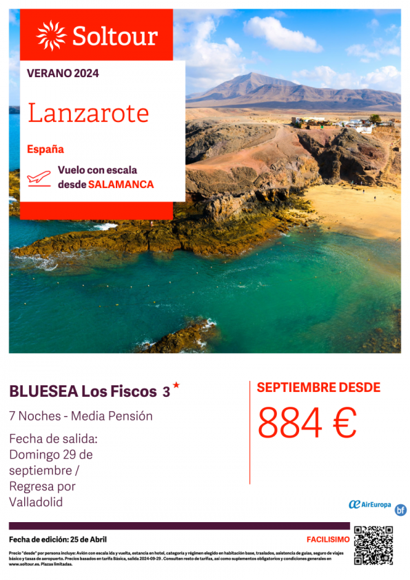 Lanzarote. BLUESEA Los Fiscos 3* -Salida 29/09 desde Salamanca