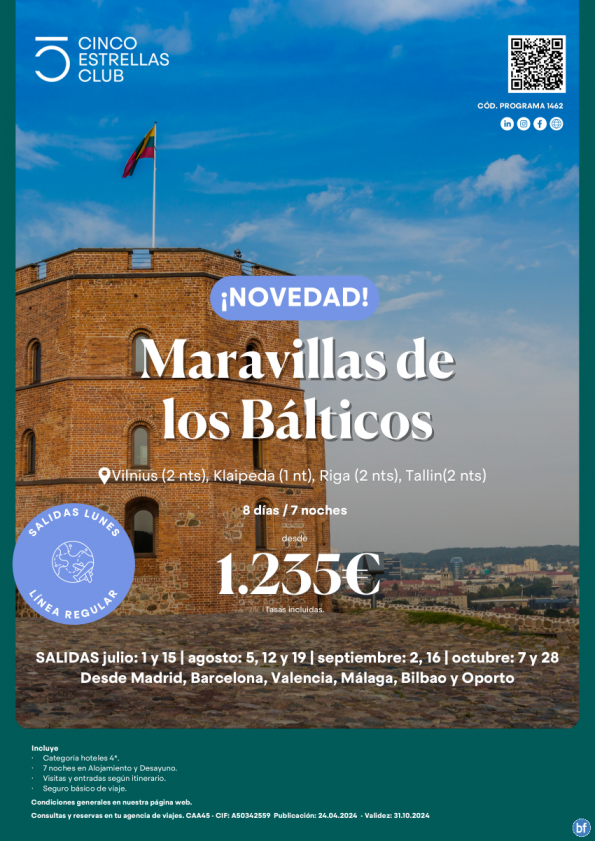 Novedad! Países Bálticos dsd 1.235 € Maravillas de los Bálticos dsd Mad,Bcn,Vlc,Agp,Bio,Opo sal. lunes lín.reg.