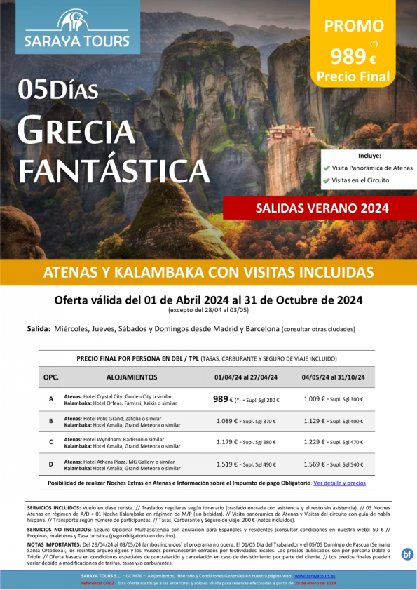 	Promo! Grecia Fantástica 5 días: Circuito Atenas y Kalambaka (Delfos y Meteora) con Visitas hasta Oct 24