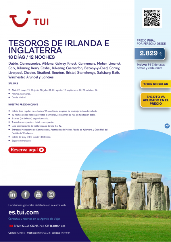 Tesoros de Irlanda e Inglaterra. 13 d / 12 n. Tour Regular. Salidas desde MAD desde 2.829 € 