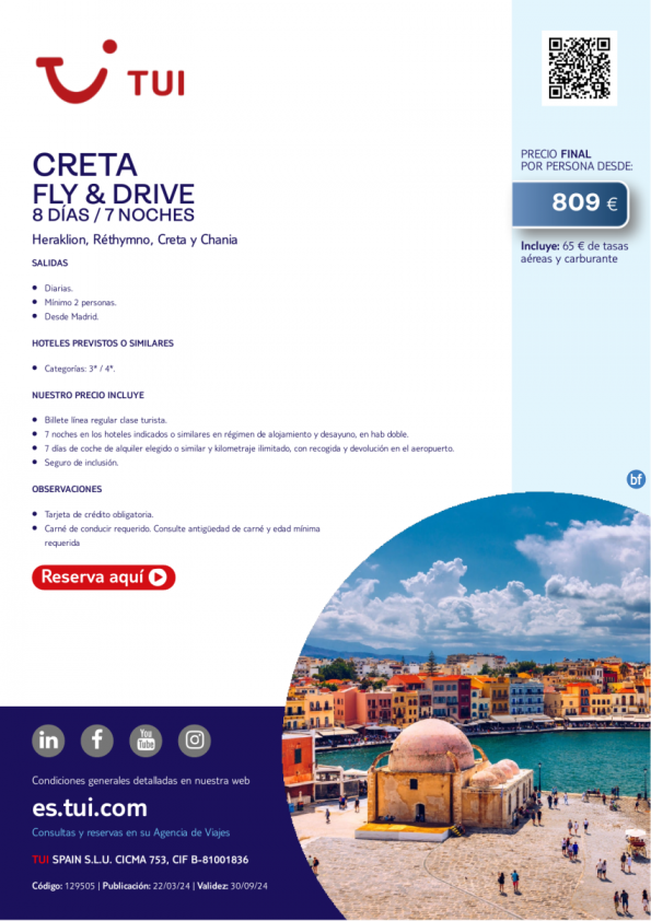 Creta. Fly & Drive. 8 d / 7 n.Salidas diarias desde MAD desde 809 € 