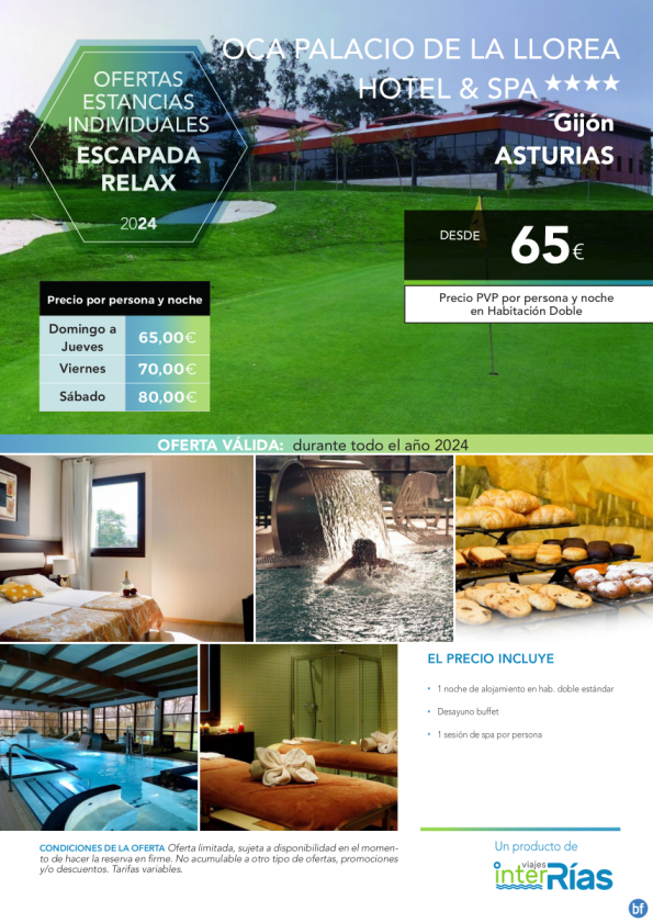 Escapada Relax Oca Palacio de la Llorea Hotel & Spa 4* (Gijón - Asturias).- Hoteles para Individuales