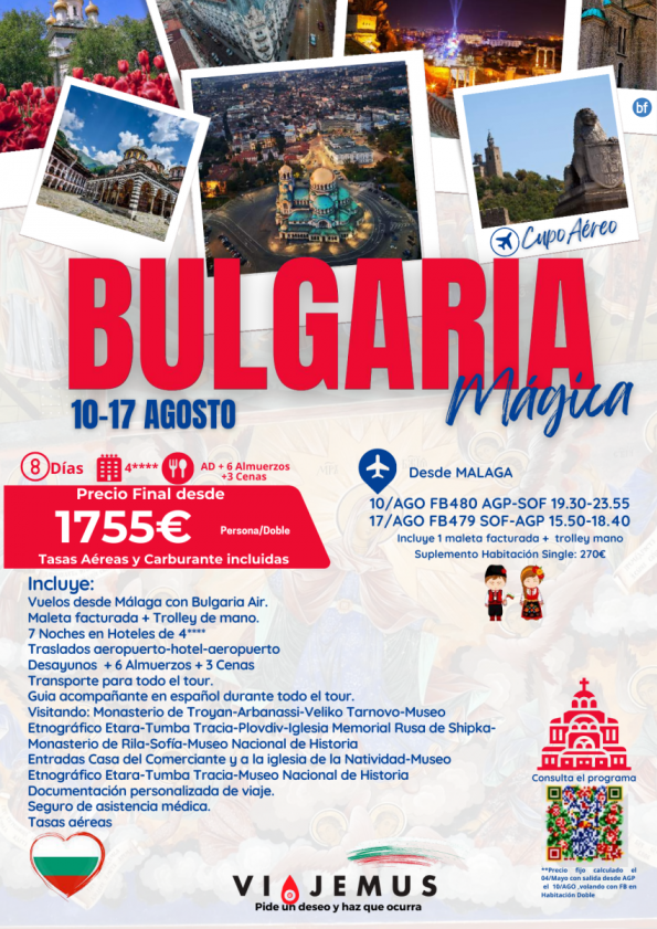 Bulgaria Mágica 8 días increíbles para descubrirla.Salida el 10 Agosto desde Málaga . Vuelos con cupo.