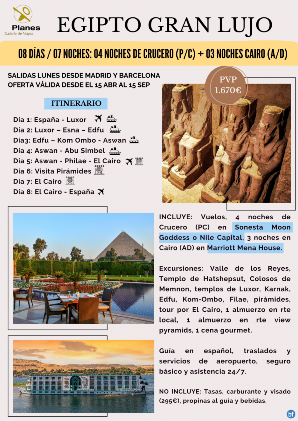 Promo!!! Egipto Gran Lujo. 4 nts crucero Sonesta Moon Goddess o Nile Capital + 3 nts Hotel Marriott Mena House