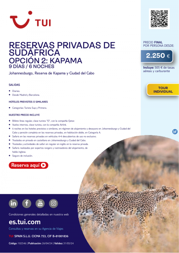 Reservas Privadas de Sudáfrica Opc. 2: Kapama. 9 d / 6 n. Tour Individual. Desde MAD y BCN desde 2.250 € 