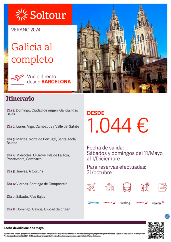 Galicia al completo desde 1.044 € , salidas del 11 Mayo al 1 Diciembre desde Barcelona