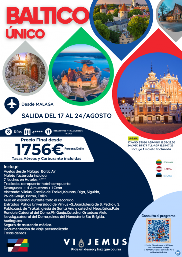 Báltico único, 8 días, Especial salida desde Málaga 17/AGO.Visita Vilnius, Riga y Tallín, vuelos directos.