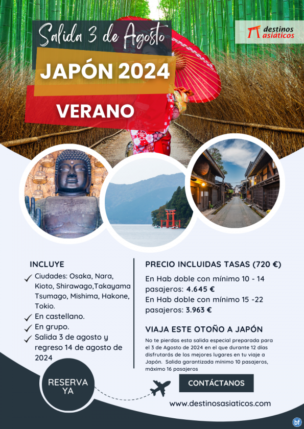 JAPÓN - Salida especial 3 de agosto. Confirmación inmediata, grupo reducido, máximo 16 plazas. ¡Reserva ahora!