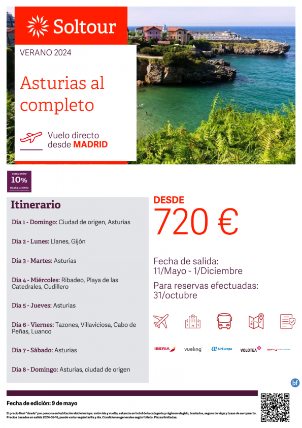 Asturias al completo desde 720 € , salidas del 11 Mayo al 1 Diciembre desde Madrid