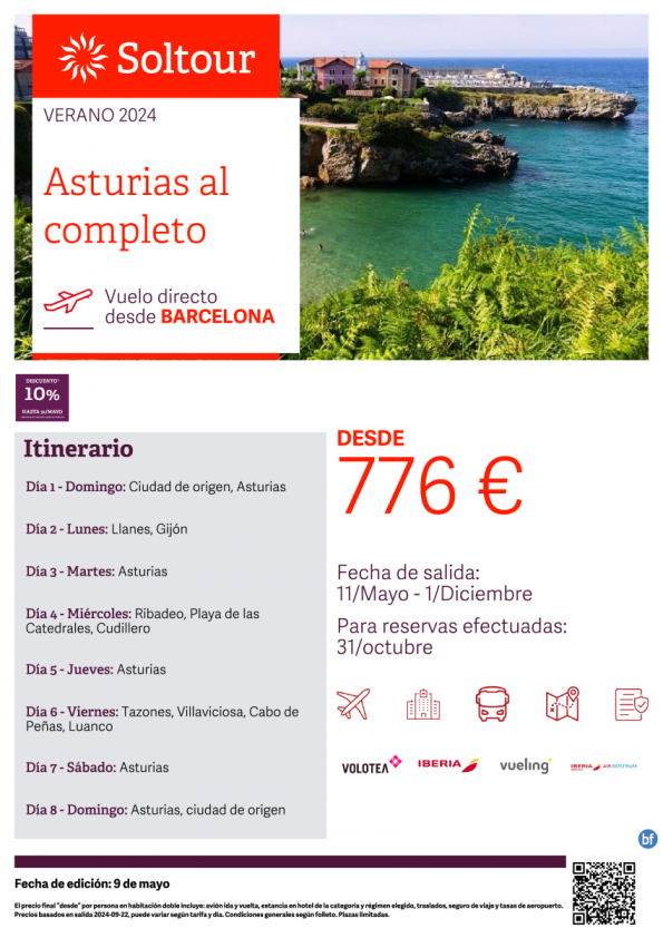 Asturias al completo desde 776 € , salidas del 11 Mayo al 1 Diembre desde Barcelona