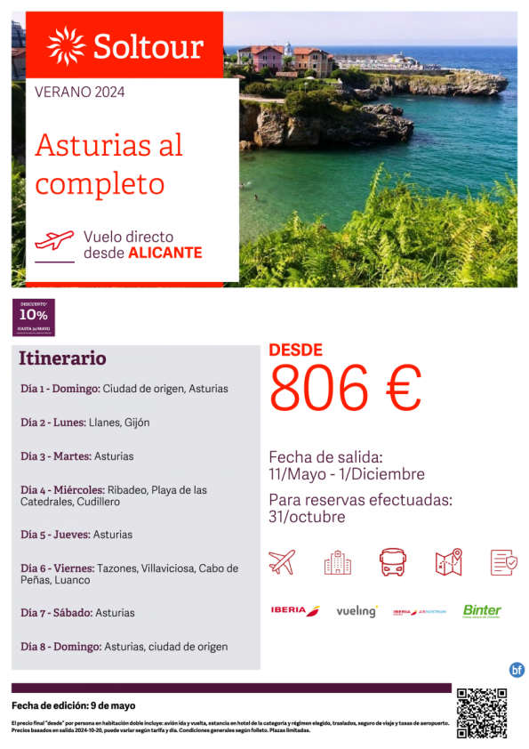 Asturias al completo desde 806 € , salidas del 11 Mayo al 1 Diciembre desde Alicante