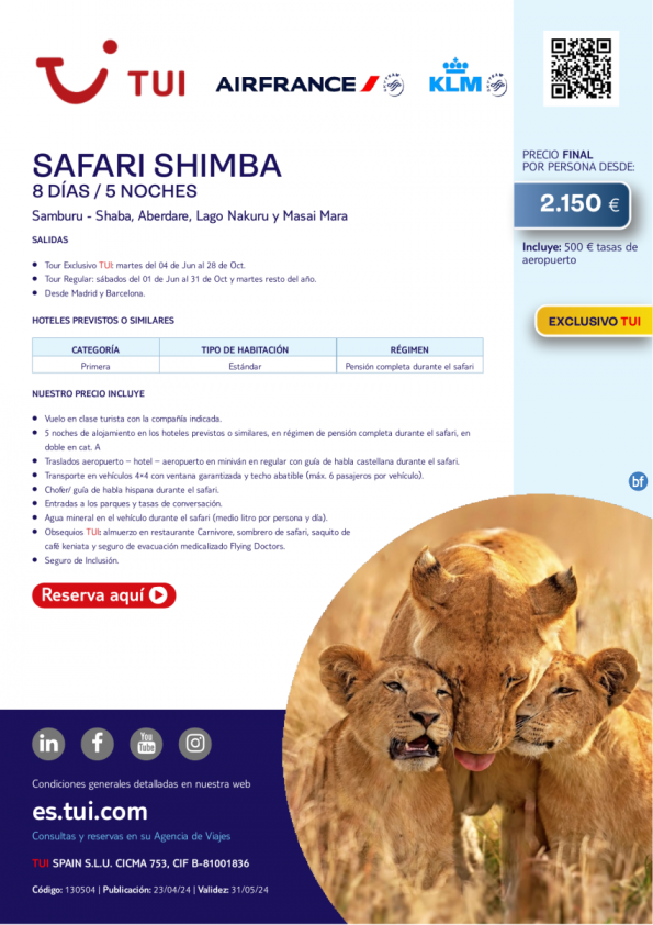 Kenia. Safari Shimba. 8 d / 5 n. Exclusivo TUI. Vuelos con AF y KL. Salidas desde Mad y Bcn desde 2.150 € 