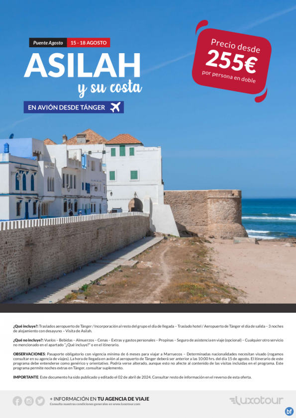 Puente de Agosto 15 - 18 Agosto | Asilah y su costa en avión desde Tanger