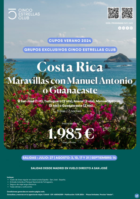 Costa Rica desde 1.985 € Maravillas con Manuel Antonio o Guanacaste 9d/7n desde Mad. Lín. reg. -cupos verano-