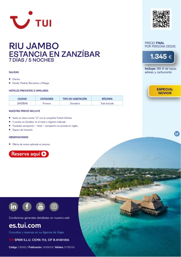Estancia en Zanzibar. Riu Jambo. 7 d / 5 n. Especial Novios. Salidas desde Mad, Bcn y Agp desde 1.345 € 