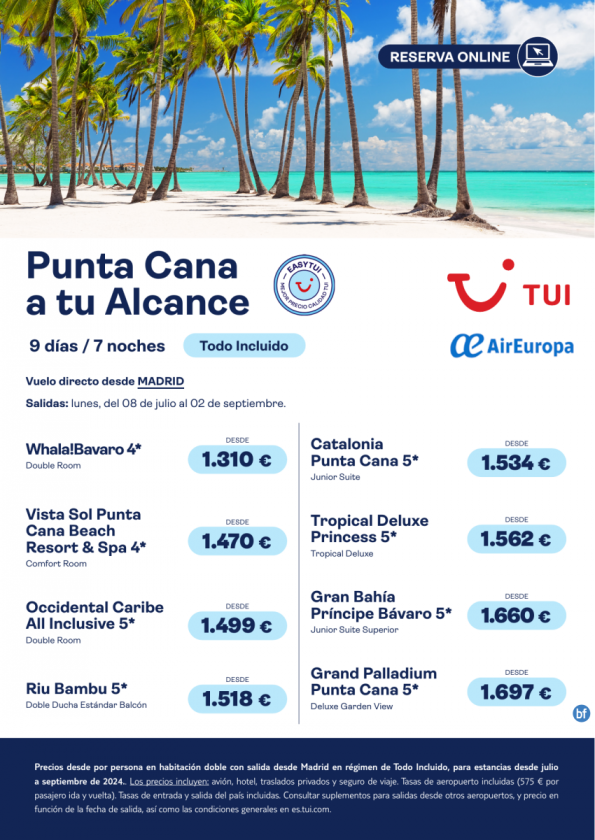 Punta Cana a tu alcance. 9 d / 7 n. Easy TUI. Todo Incluido. Vuelos directos desde MAD desde 1.310 € 