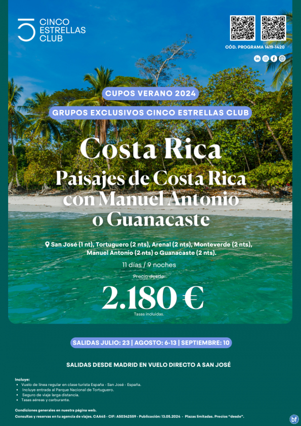 Costa Rica desde 2.180 € Paisajes con Manuel Antonio o Guanacaste 11d/9n desde Madrid en Lín.Reg -cupos verano-