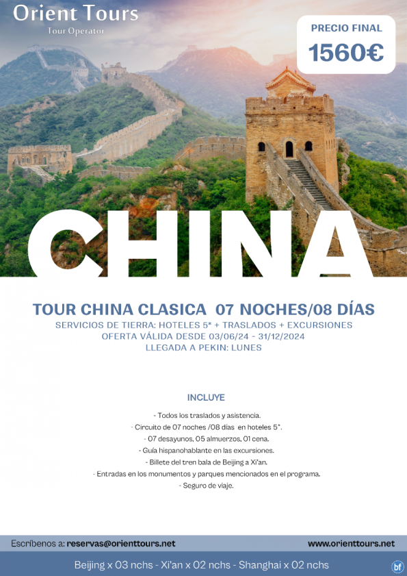 China. Tour China Clásica 07 noches con guía en español. Salida cada domingo.