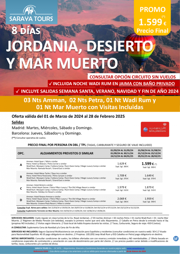 Promo! Jordania, Desierto y M.Muerto 8 días: Amman, Petra, Wadi Rum, M.Muerto con Visitas hasta Feb 25