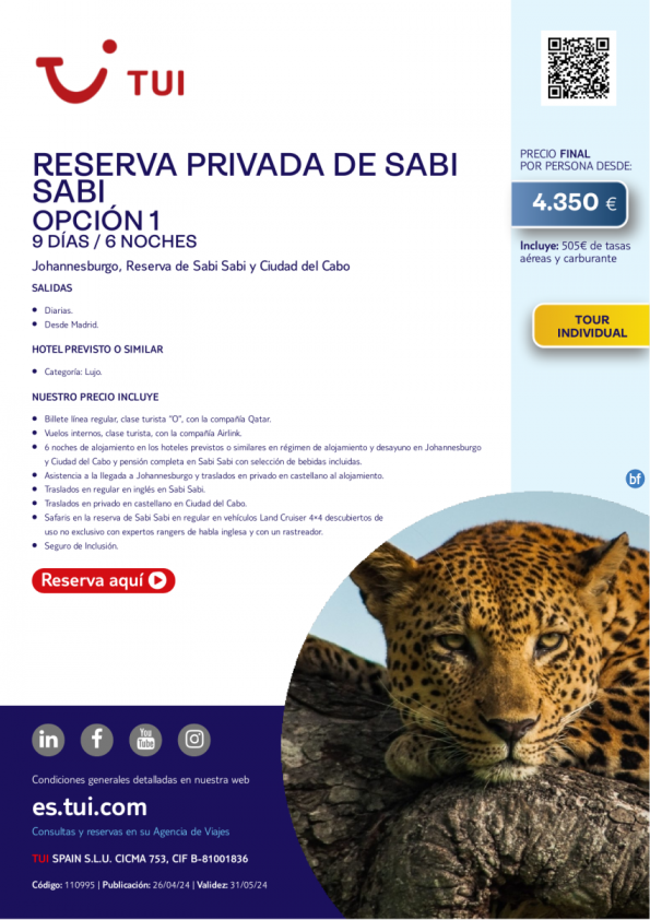 Sudáfrica. Reserva Privada de Sabi Sabi. Opc 1. Tour Individual. Salidas diarias desde MAD desde 4.350 € 