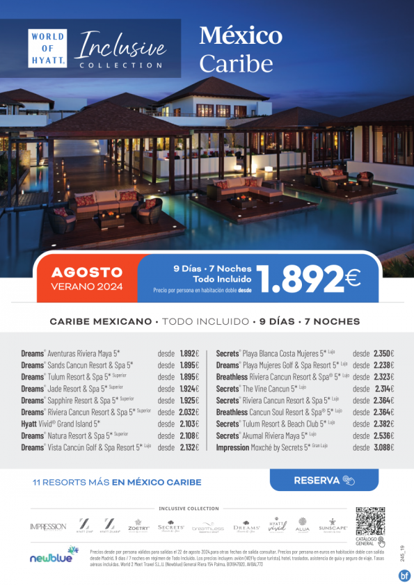 AGOSTO-Caribe Mexicano - 2024 - Inclusive Colección Resorts -1.892? / pp (TI) - Newblue