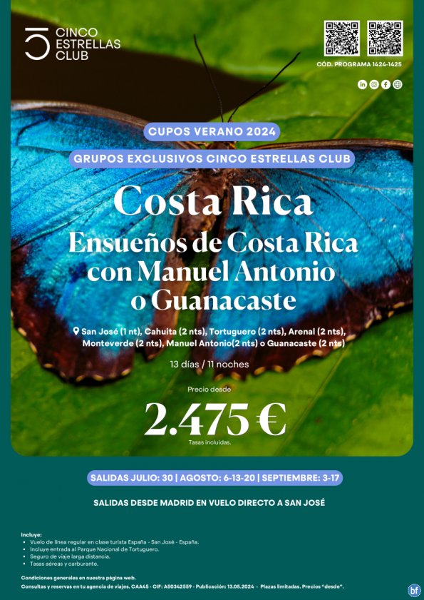 Costa Rica dsd 2.475 € Ensueños con Manuel Antonio o Guanacaste 13d/11n desde Madrid en Lín.Reg -cupos verano-
