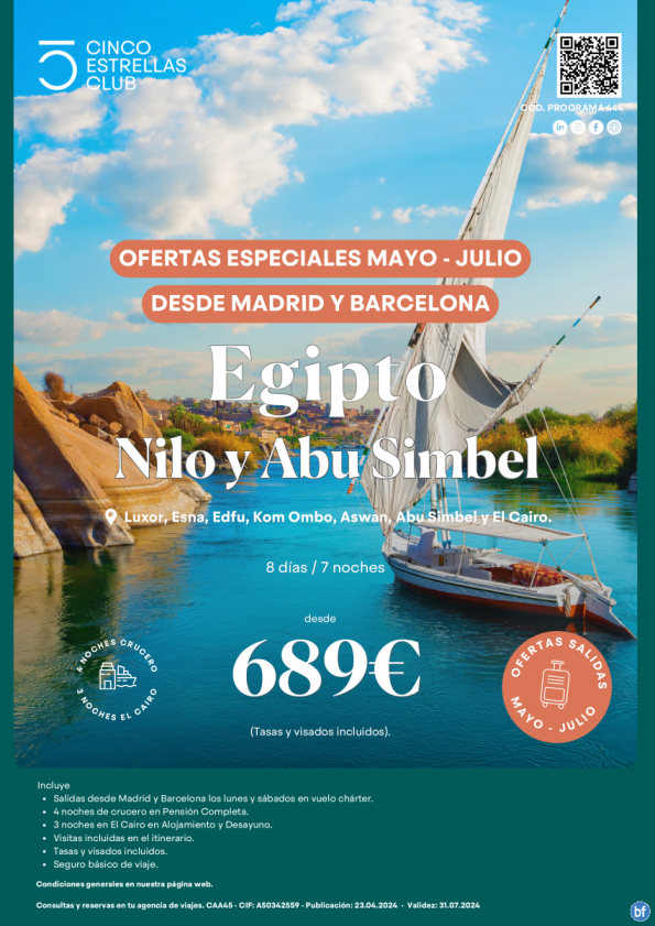 NUEVA OFERTA Egipto dsd 689 € Nilo y Abu Simbel 8d/7n salidas mayo-julio en chárter dsd mad y bcn + 3% dto