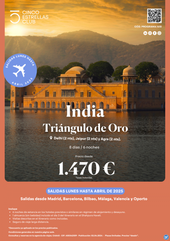 India desde 1.470 € Triángulo de Oro 8d/6n salidas los lunes desde Mad, Bcn, Bio, Agp, Vlc y Opo