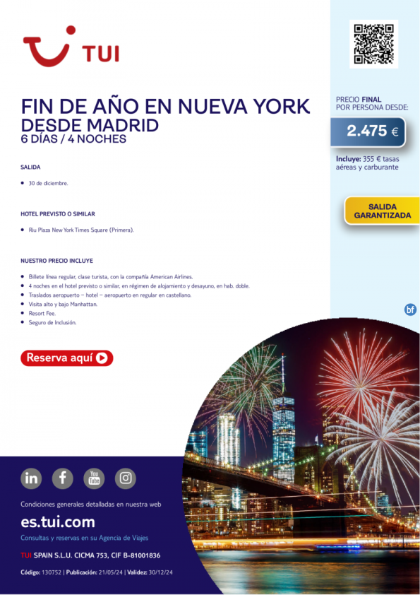 Fin de Año en Nueva York. 6 d / 4 n. Salida Garantizada 30 DIC desde MAD desde 2.475 € 