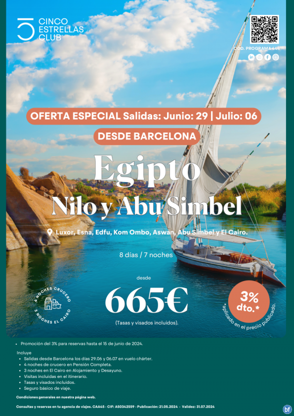 NUEVA OFERTA Egipto dsd 689 € Nilo y Abu Simbel 8d/7n salidas mayo-julio en chárter dsd mad y bcn + 3% dto