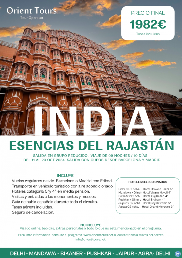 INDIA. Viaje de 09 noches en grupo reducido. Salida del 11 al 20 de OCT con cupos desde Bcn y Mad.