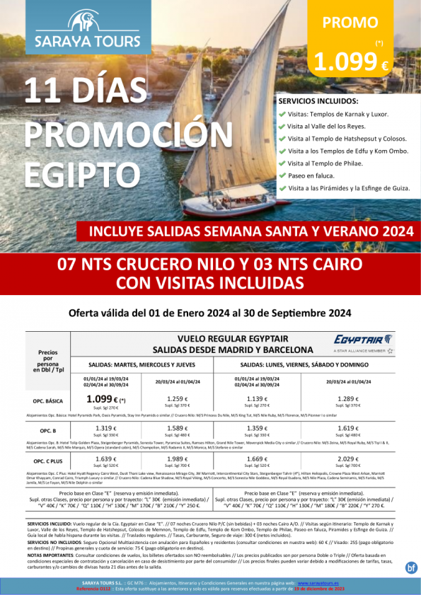 Promo! Egipto 11 días Salida Diaria dsd Mad y Bcn *Crz y Cairo con Visitas Incluidas* dsd 1099 € hasta Sep 24