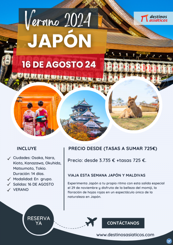 JAPÓN - Salida especial VERANO 16 de agosto. Confirmación inmediata. ¡Contáctanos!