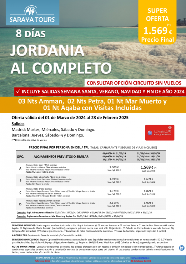 Promo! Jordania al Completo 8 días: Amman, Petra, Mar Muerto y Aqaba con Visitas Incluidas hasta Feb 25